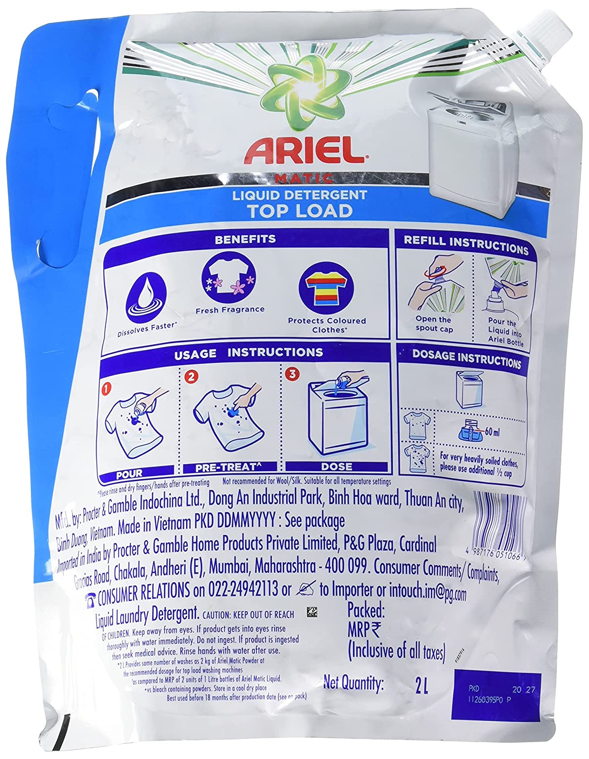 Ariel Matic Liquid Detergent Top Load Refill Pouch, 2 Litre
