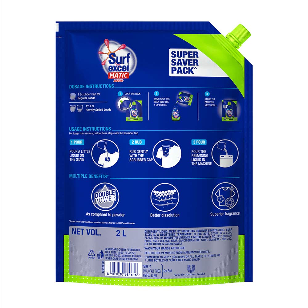 Surf Excel Matic Top Load Liquid Detergent 2 L Refill, Designed For Tough Stain Removal on Laundry in Washing Machines - Super Saver Offer Pack