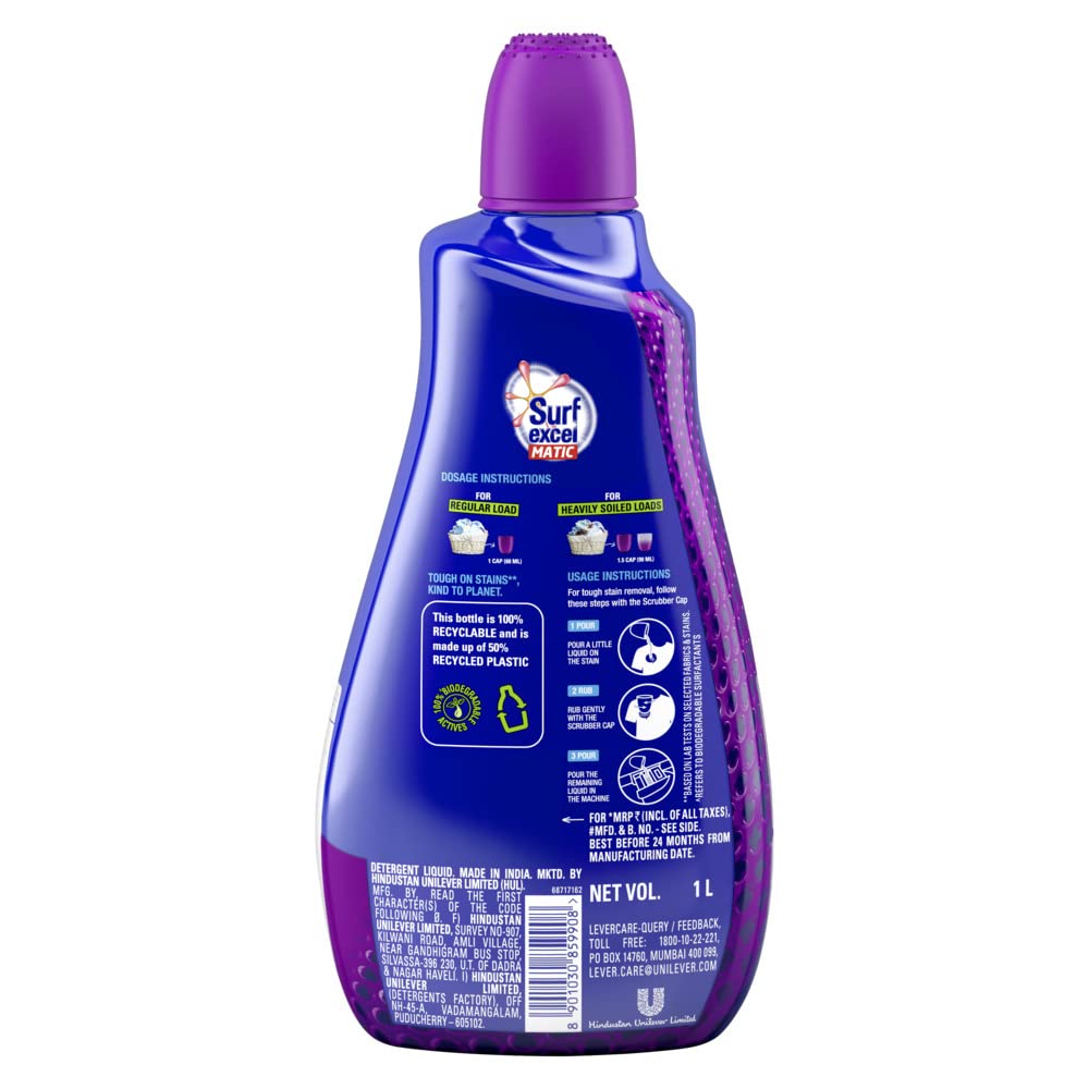 Surf Excel Matic Front Load Liquid Detergent 1.02 L, Specially designed for Tough Stain Removal on Laundry in Washing Machines