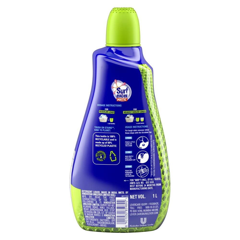 Surf Excel Matic Top Load Liquid Detergent 1.02 L, Specially designed for Tough Stain Removal on Laundry in Washing Machines